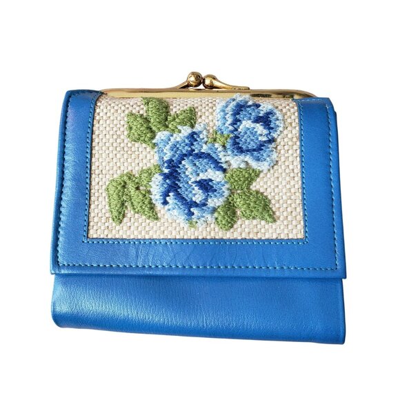 Vintage Princess Gardner Blue Gold Floral Needlepoint French Leather Wallet - Picture 1 of 10